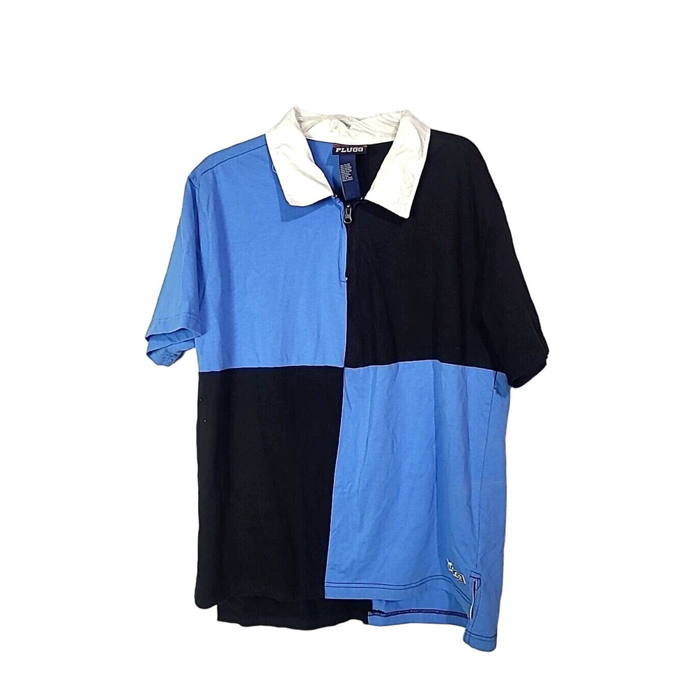Vtg Y2K‎ Plugg Blue Colorblock High-Low Hem Short Sleeve Polo Shirt Mens SZ XL